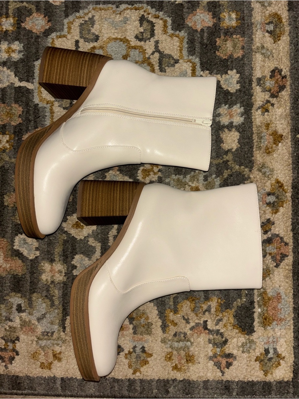 Off-White Leather Block Heel Ankle Boots with Brown Stacked Heel